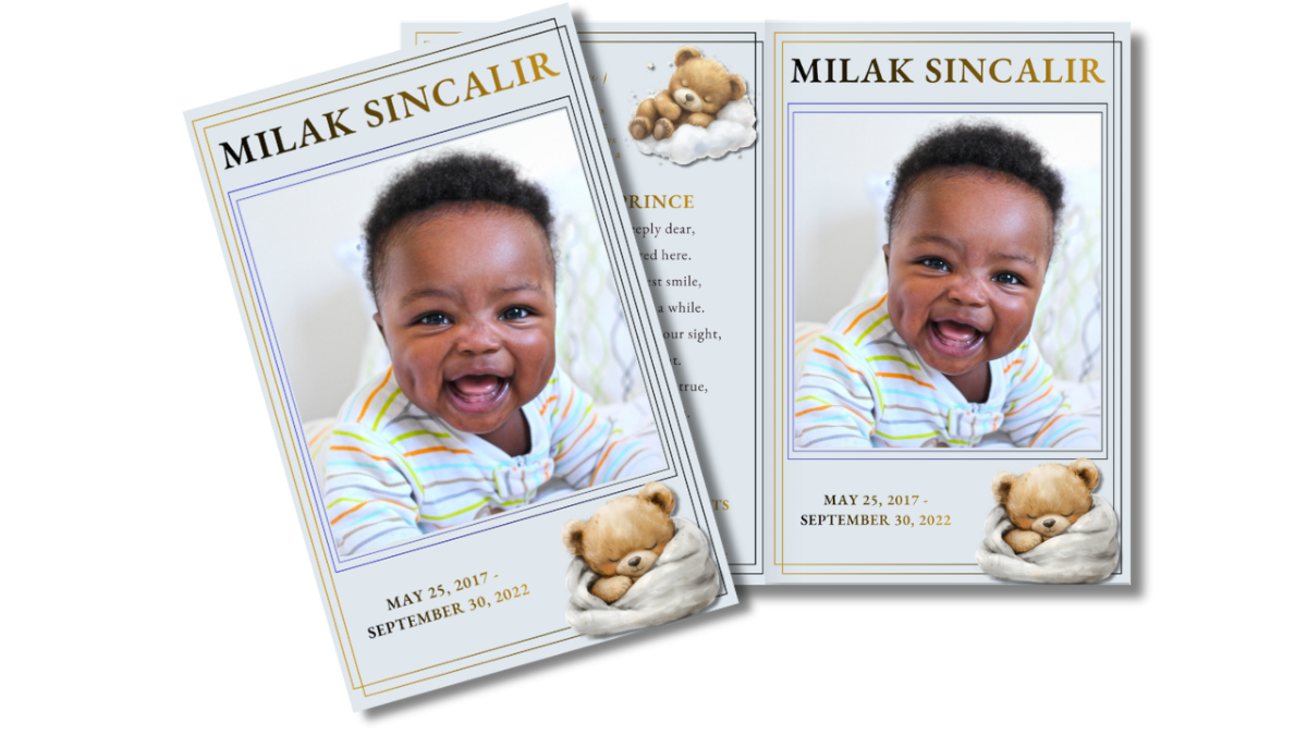 Front cover featuring a smiling baby boy with soft gold accents alongside an open interior spread displaying photos and heartfelt content in a warm, child-focused design.