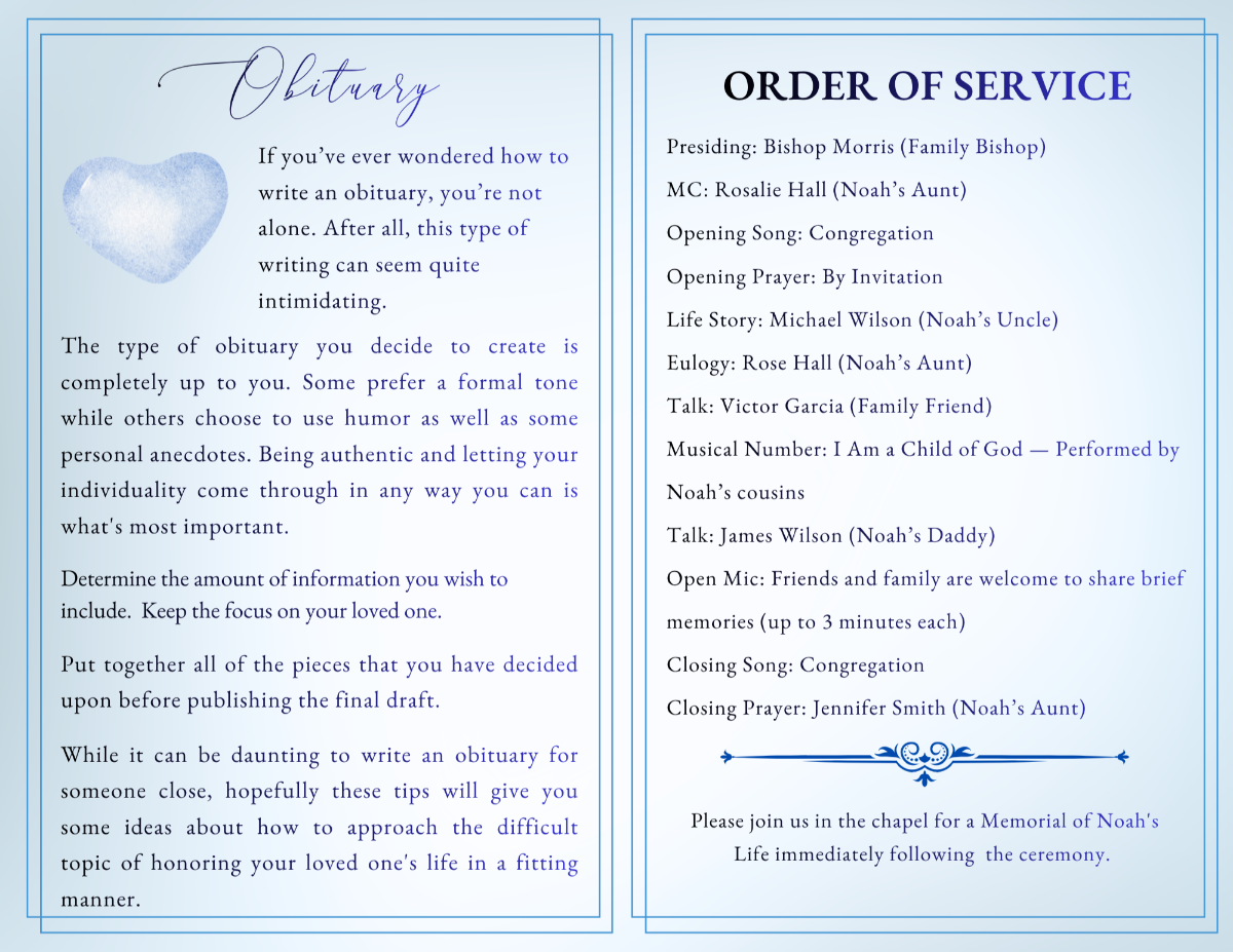 Two-page spread with obituary text and order of service, styled with soft blue tones and calming, easy-to-read typography.