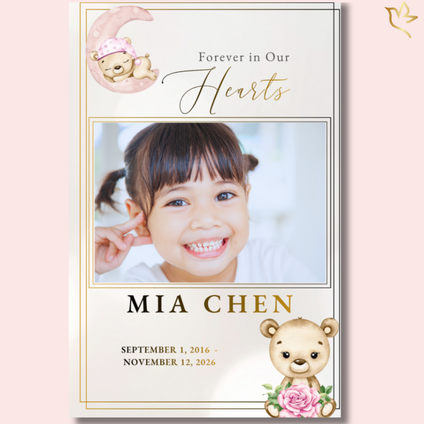 Soft ivory and blush memorial program cover featuring a centered child portrait framed in gold, a sleeping teddy bear on a crescent moon above, and a floral teddy illustration below, creating a gentle and heavenly tribute.