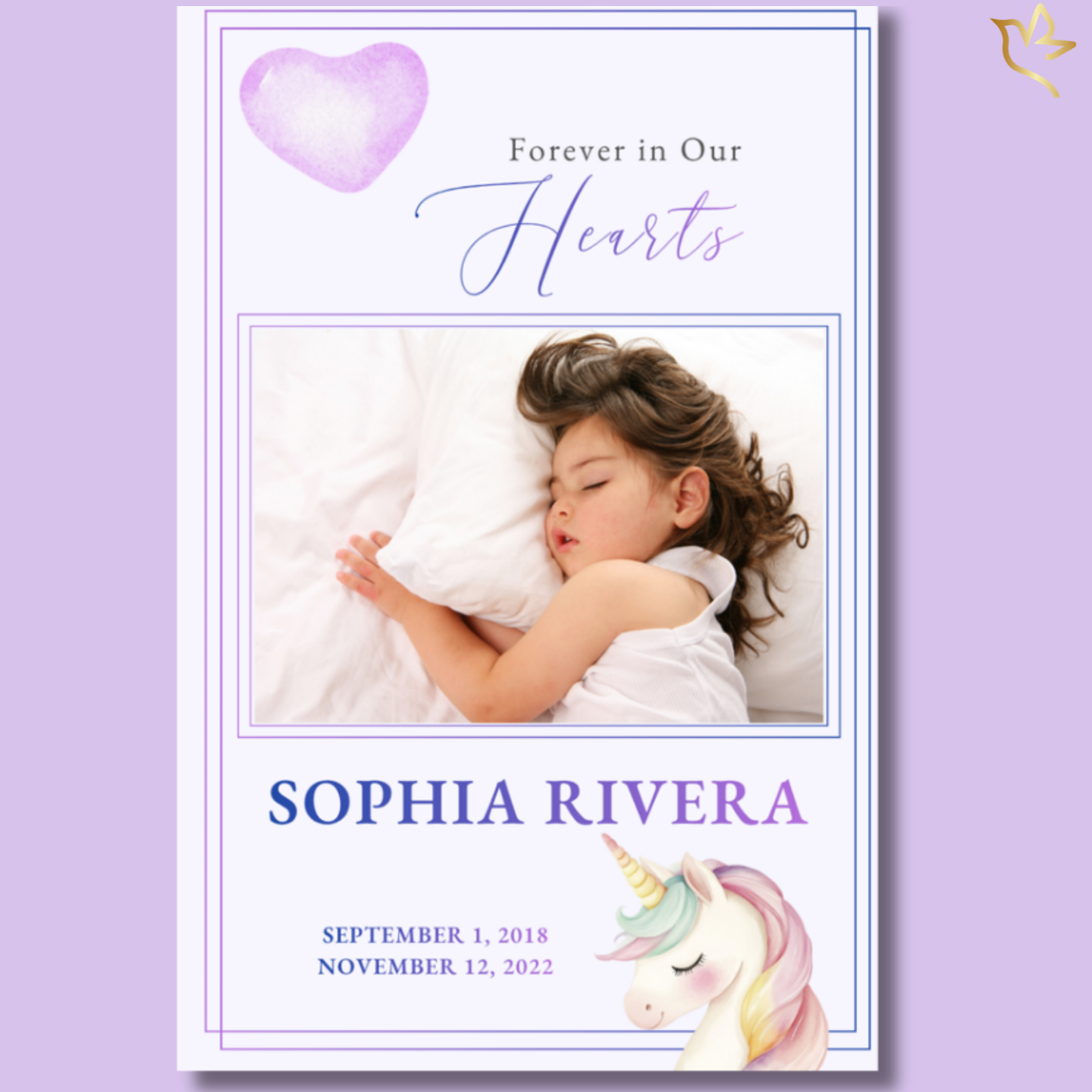 Children’s funeral program template featuring soft pastel colors, a sleeping child photo, watercolor heart, and unicorn illustration with gentle, elegant typography.