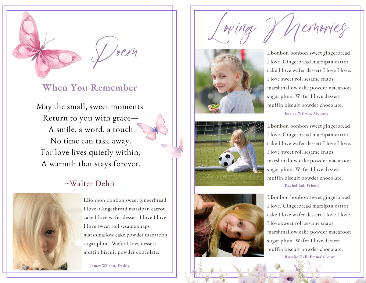 Poem page titled “When You Remember” with soft butterfly accents above the poem and space for additional loving tribute messages.
