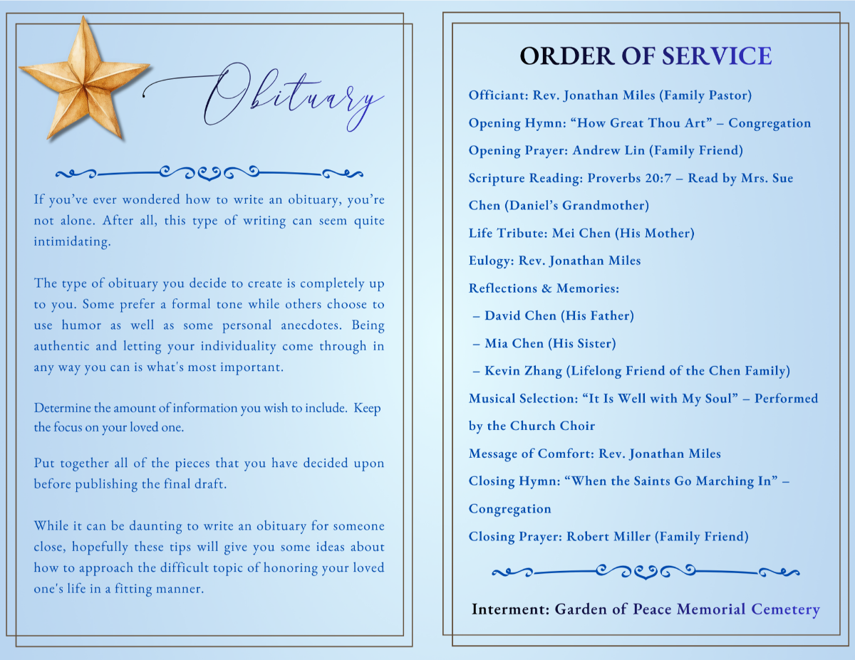 Two-page spread with obituary content and order of service, styled with soft blue tones, gold accents, and clean, easy-to-read formatting.