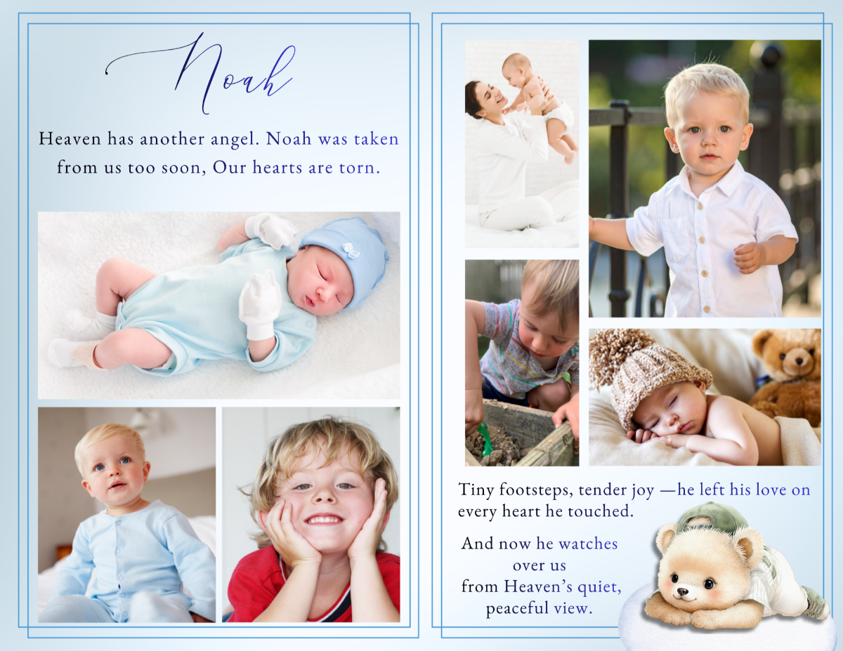 Photo collage pages showcasing treasured childhood moments in a soft, cohesive layout that honors love, laughter, and memories held forever close to the heart.