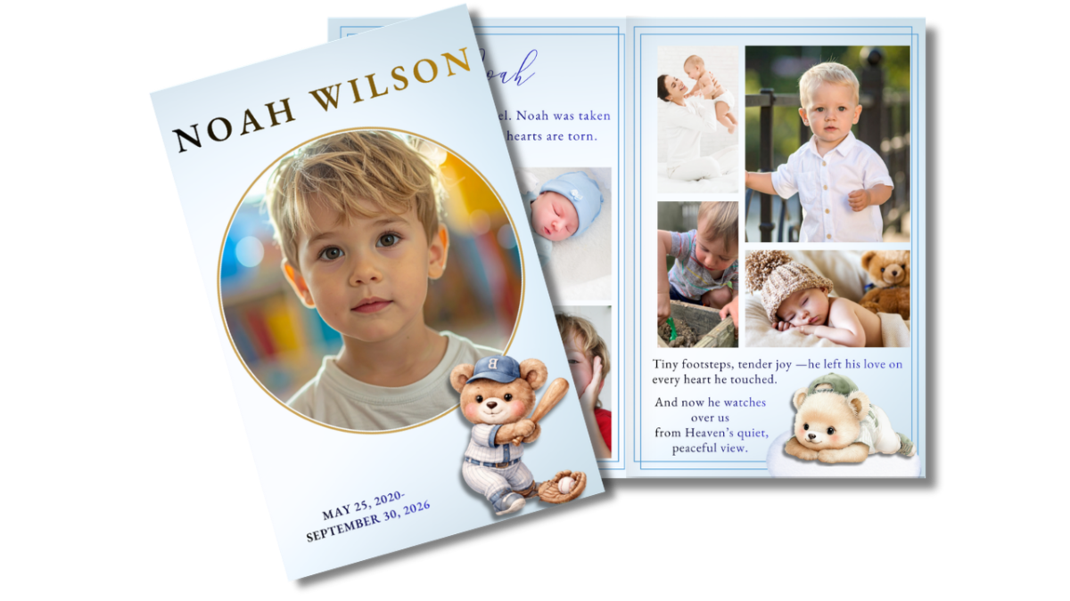 Front cover featuring a young boy’s portrait framed in soft blue tones with baseball-themed accents, alongside an open interior layout displaying coordinated memorial pages.