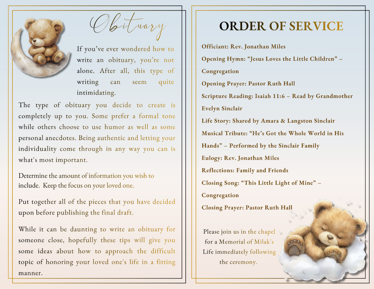 Two-page spread with obituary text and order of service, styled with clean layout, soft tones, and elegant gold highlights.