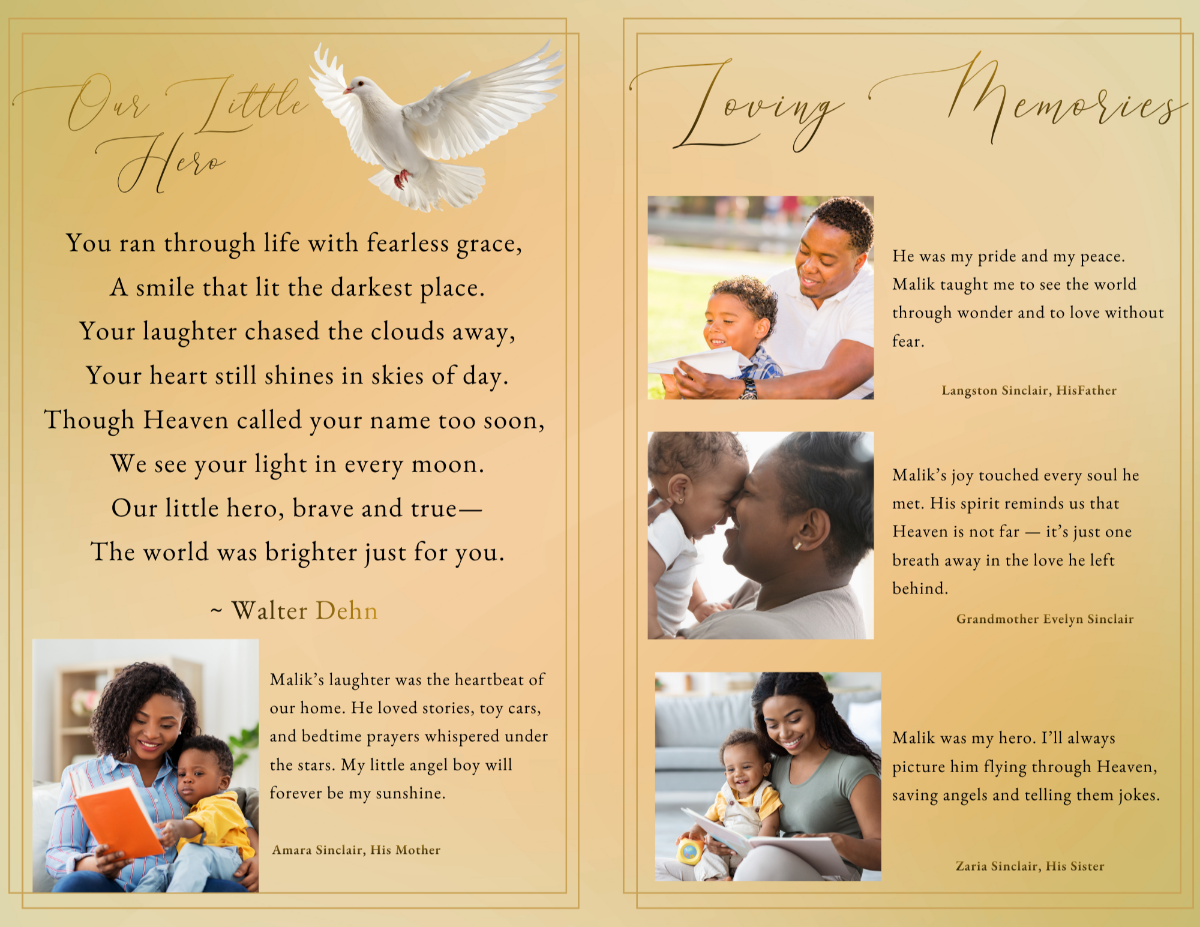Pages featuring a heartfelt poem alongside loving memories and family tributes, designed to reflect the child’s joyful spirit and the love shared.