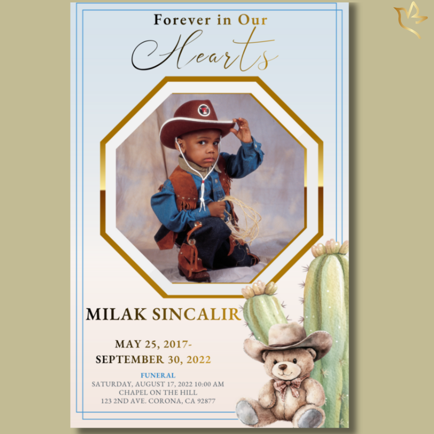 Little Buckaroo funeral program cover featuring a young child dressed in cowboy attire inside a gold-trimmed octagon frame, with soft blue background, watercolor cactus, and teddy bear wearing a cowboy hat.