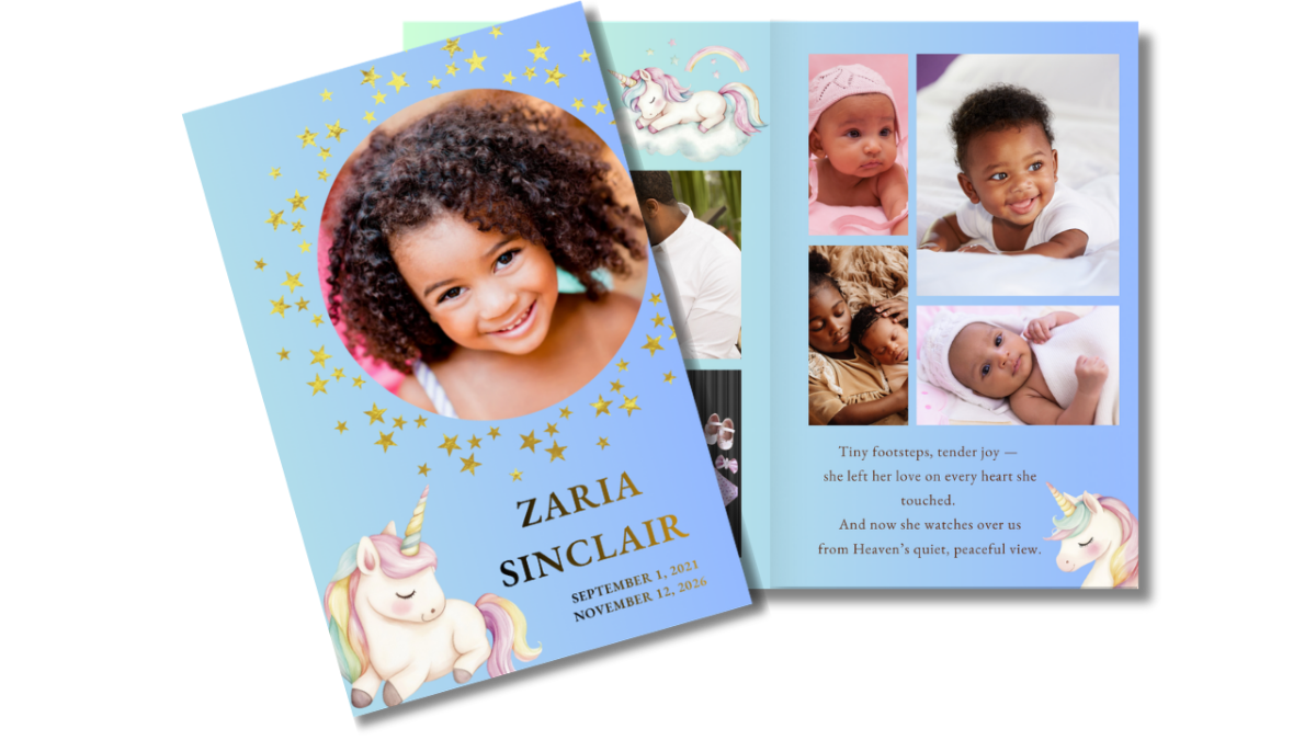 Children’s funeral program front cover with circular portrait and star accents alongside open interior pages showing soft photo collage layouts.