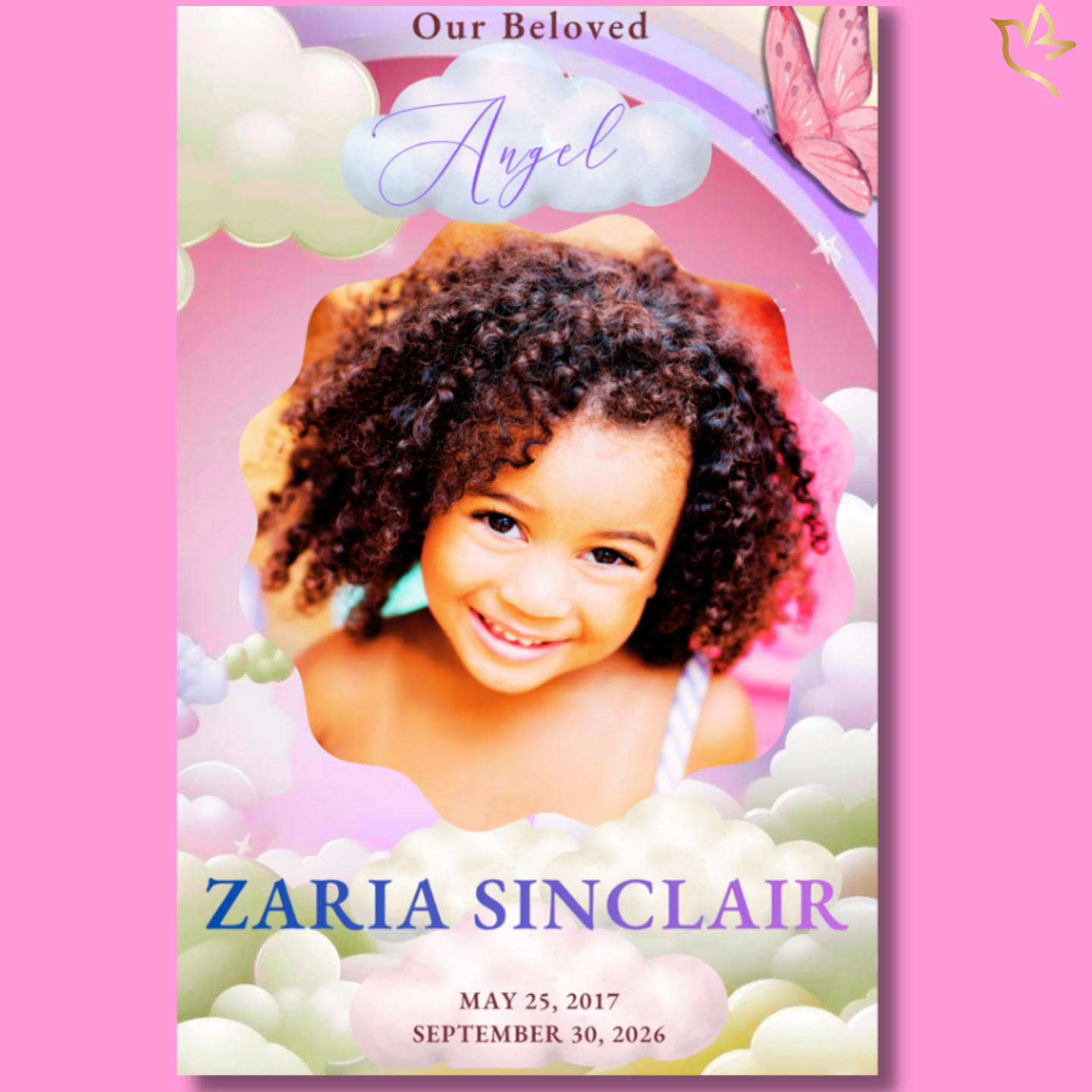 A joyful young child smiling brightly, framed by soft pastel clouds, a gentle rainbow, and delicate butterfly accents—creating a peaceful, heavenly design filled with warmth, innocence, and love.
