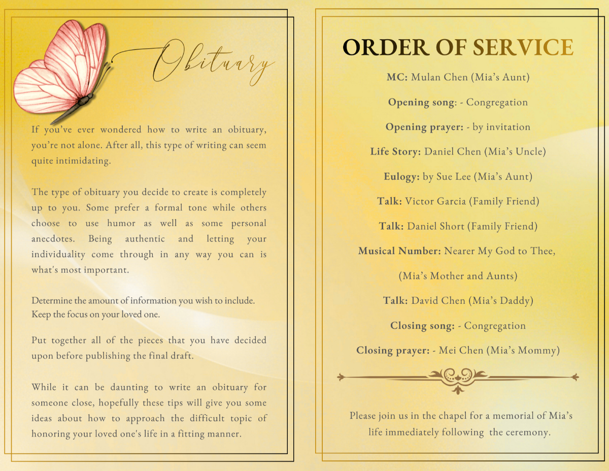 Interior pages displaying obituary text and order of service, styled with warm golden tones and gentle spacing for a calm, comforting reading experience.