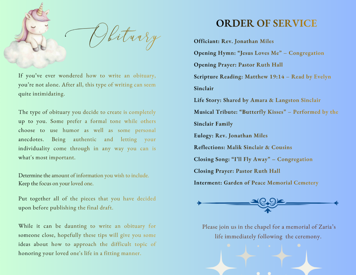 Obituary and order of service pages with clean typography, structured layout, and soft gradient background.