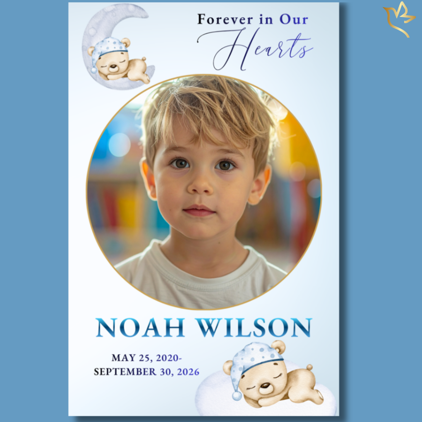 A soft, comforting portrait of a young boy framed in a rounded arch, surrounded by gentle blue tones and sweet teddy bear illustrations, creating a peaceful and tender child memorial design.