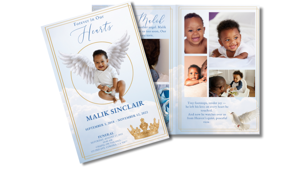 Child funeral program showing the front cover and interior photo collage pages with blue sky, golden crown, and angel wings over a soft cloud background.