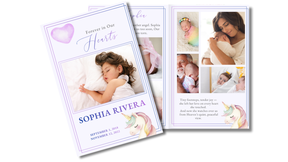 Children’s funeral program front cover with sleeping child photo alongside open interior pages showing soft pastel photo collage layouts.