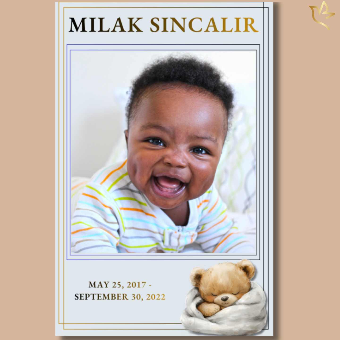 A joyful baby boy smiling warmly in a soft, neutral setting, framed by delicate gold accents and a gentle sleeping teddy bear illustration, creating a tender and elegant child memorial design.
