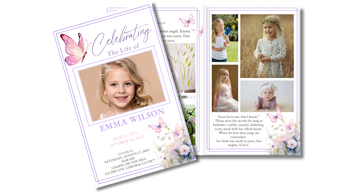 Front cover displayed with interior pages showing butterfly accents and soft lavender borders surrounding obituary, collage, and memorial text layouts.