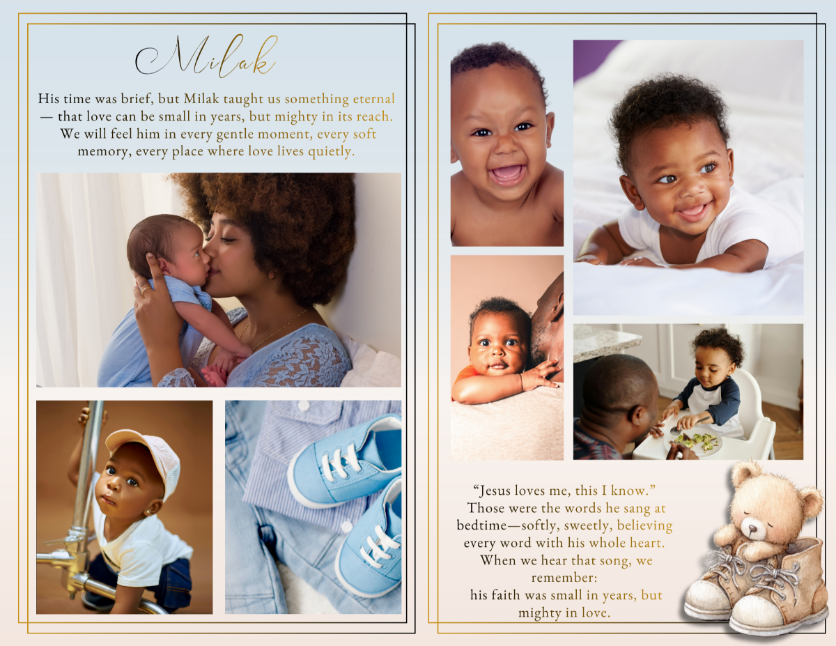 Photo collage pages displaying baby and childhood moments in a clean, organized layout that highlights precious memories with warmth and care.