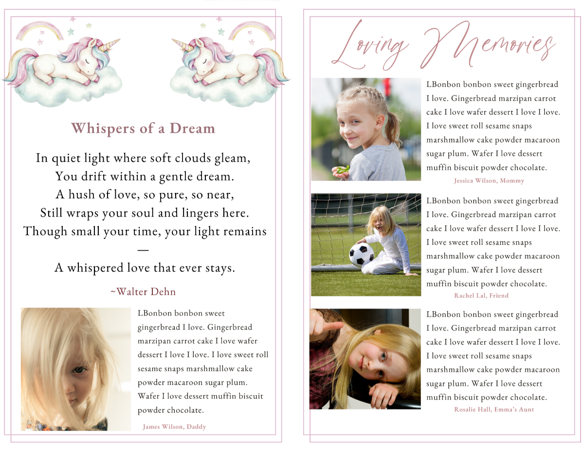 Loving Memories page and poem with soft typography, calming colors, and celestial accents designed to provide comfort and appreciation.