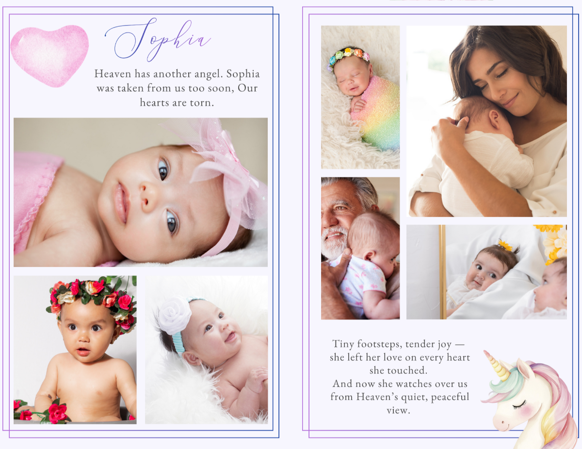 Photo Collage pages with minimal layout, pastel tones, and delicate decorative elements.