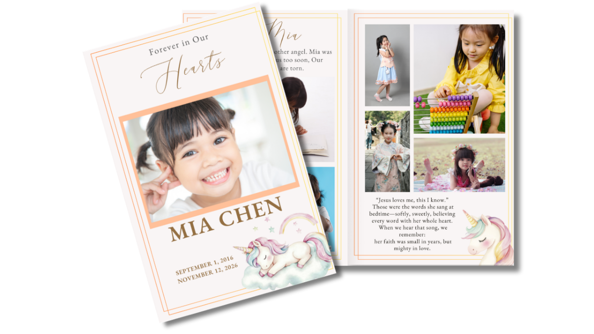 Child funeral program front cover with pastel unicorn design alongside open interior pages showing photo collage layouts with soft colors and balanced spacing.