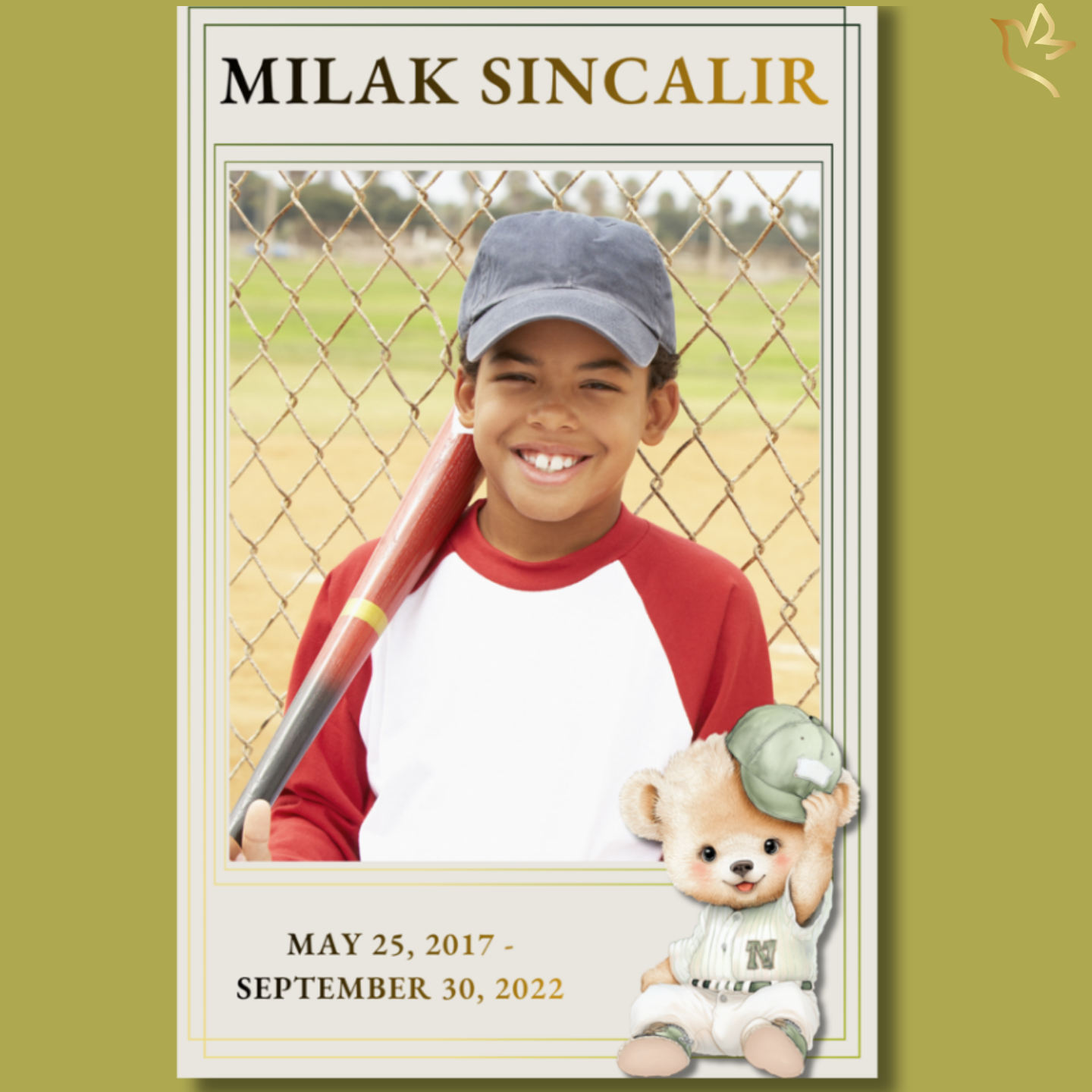 A joyful portrait of a young boy holding a baseball bat, framed by soft neutral tones and gentle green accents, with a sweet teddy bear in a ball cap—symbolizing innocence, playfulness, and a love that will always remain.