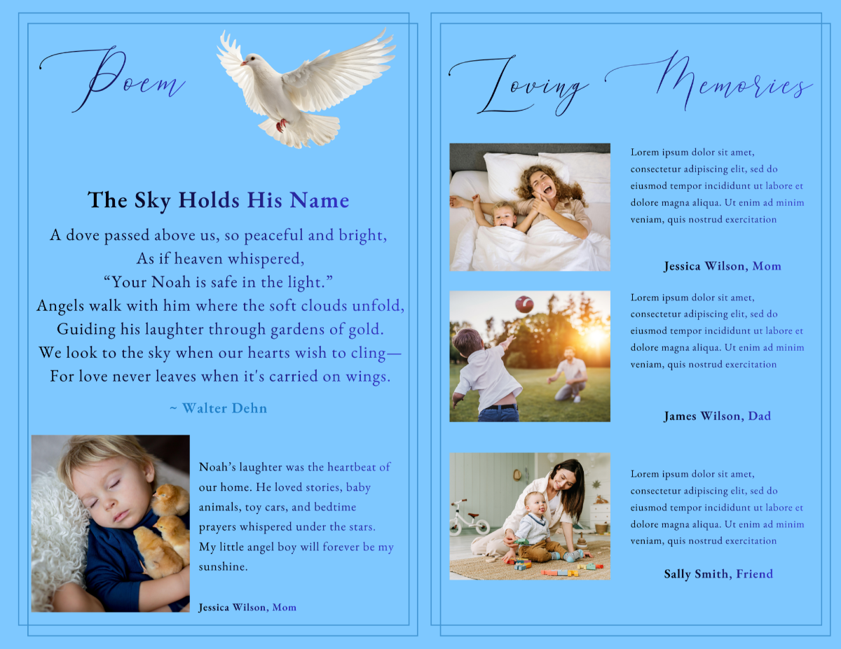 Pages featuring a heartfelt poem and written tributes, designed to reflect love, remembrance, and the comforting presence of faith.