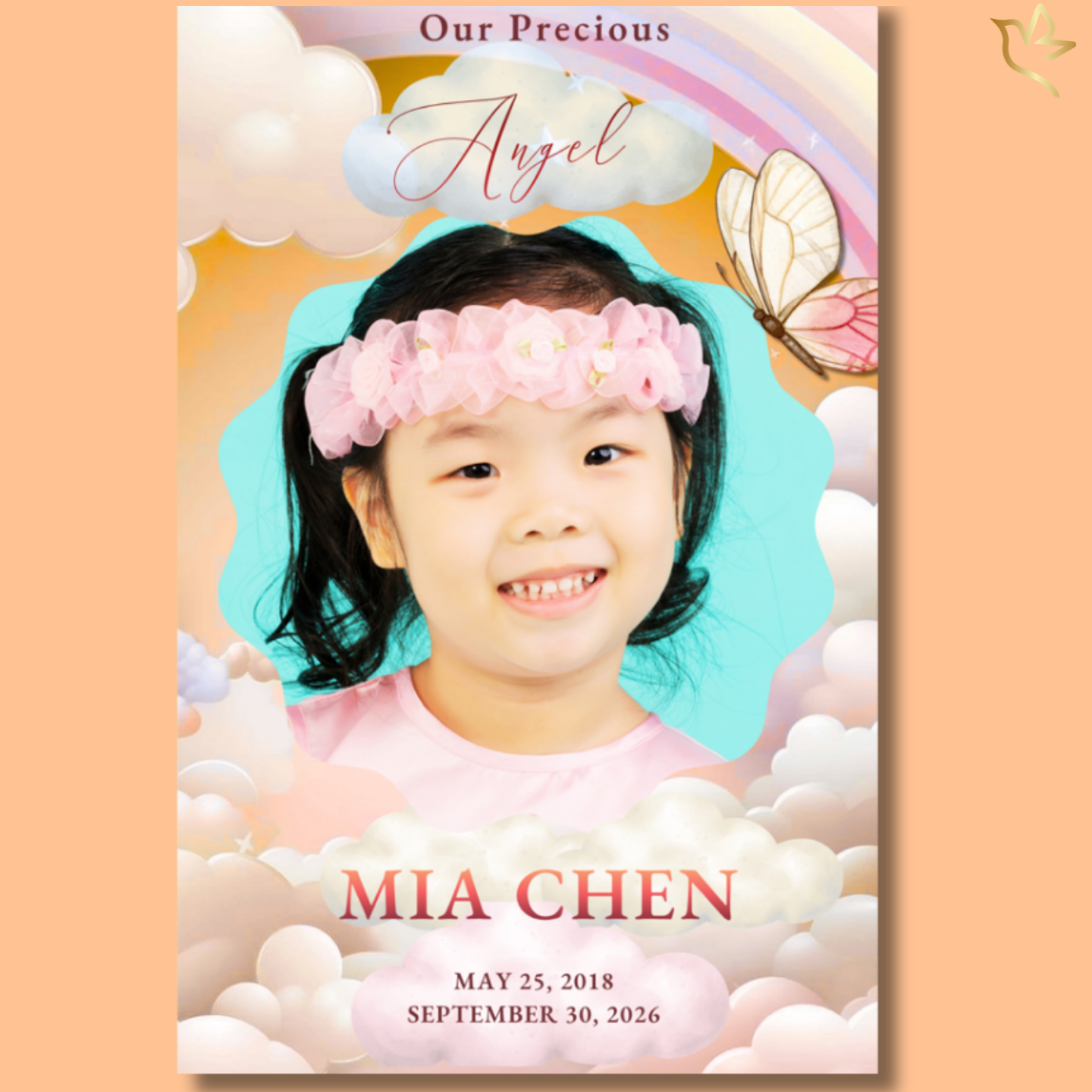 A smiling young child framed by soft pastel clouds and a gentle rainbow, with delicate butterfly accents and warm golden light—creating a peaceful, heavenly tribute filled with innocence and love.