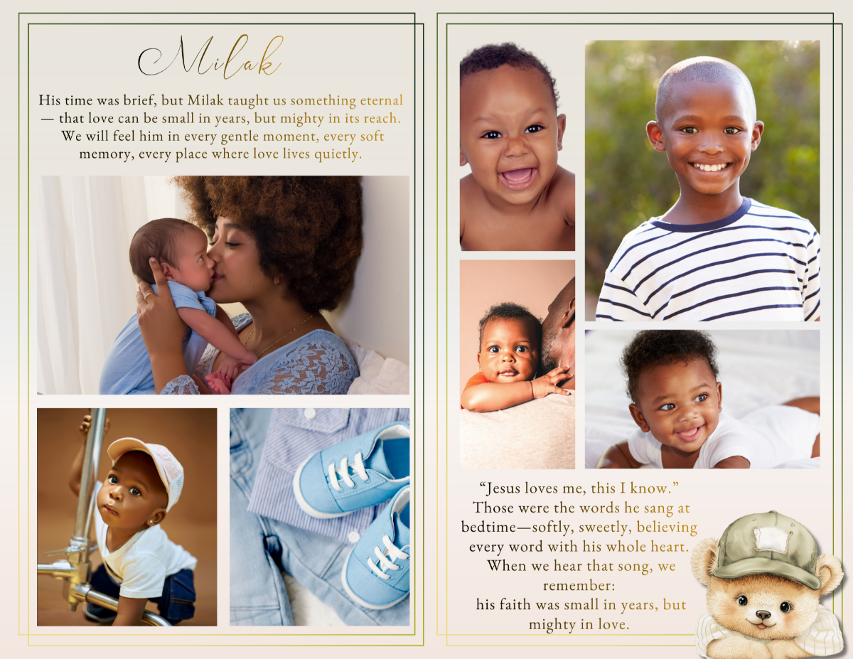 Photo collage pages capturing treasured childhood moments, arranged in a cohesive layout that reflects love, playfulness, and the lasting imprint of a precious life.