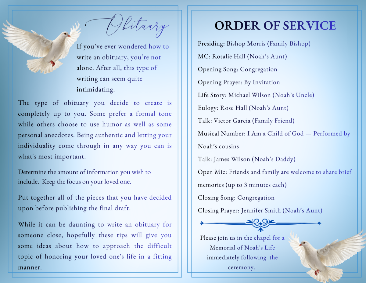 Obituary and Order of Service pages featuring soft blue backgrounds, elegant headings, and gentle dove illustrations framing structured service details.