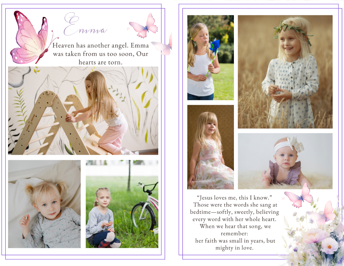 Loving Memories pages featuring childhood photographs arranged beside heartfelt tribute messages and gentle butterfly decorations.
