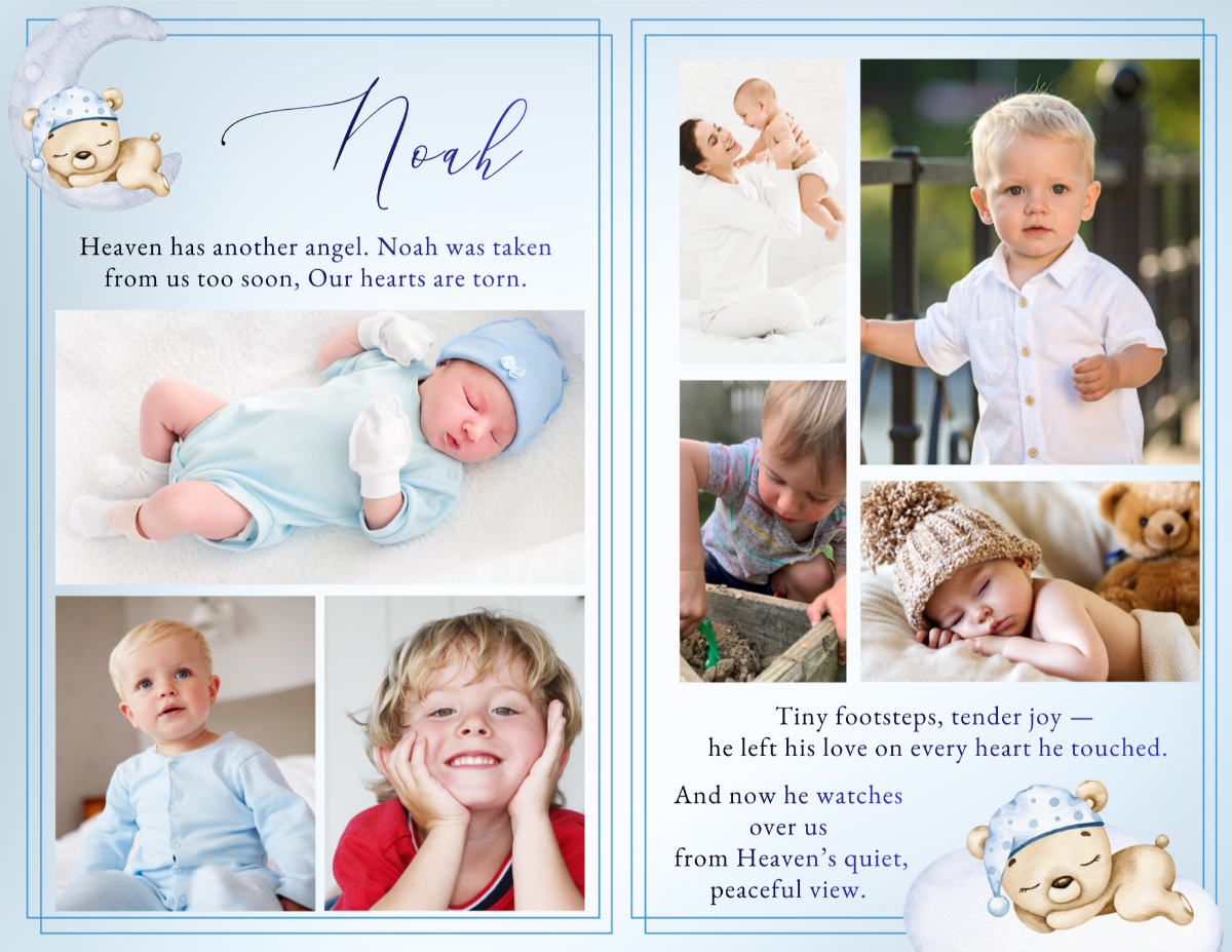 Photo collage pages displaying baby and childhood moments in a soft, organized layout that highlights precious memories.