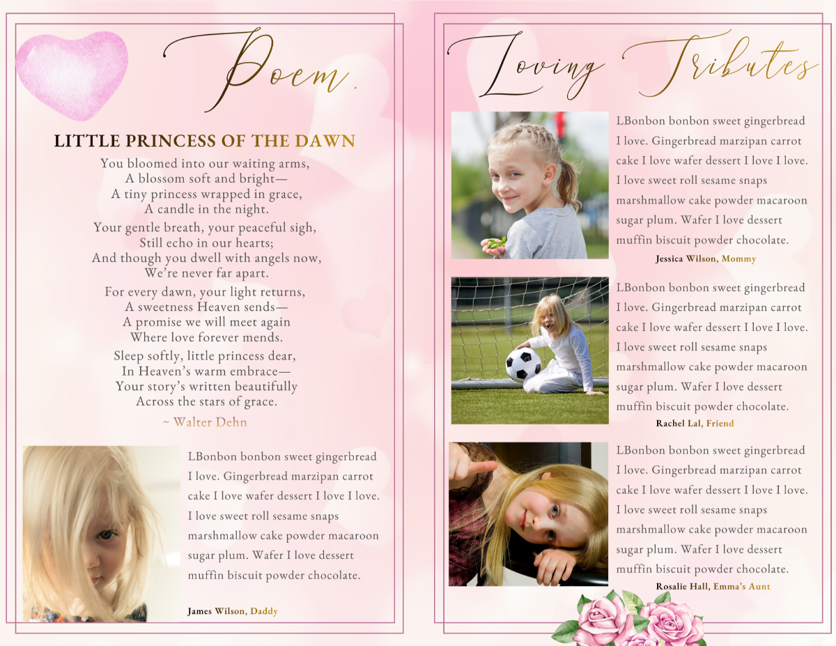 Poem and loving tributes layout featuring child photographs, soft pink heart accent, and blush watercolor background with delicate floral details.