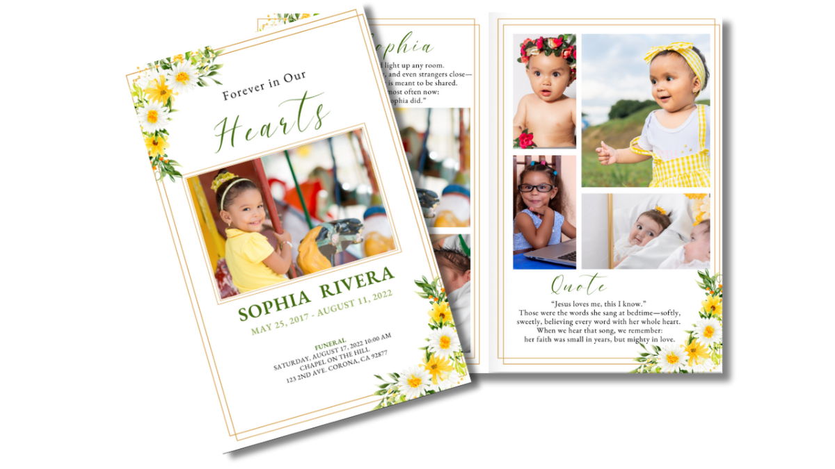 Funeral program layout showing font cover and open interior photo collage pages with green script and cheerful white daisies.