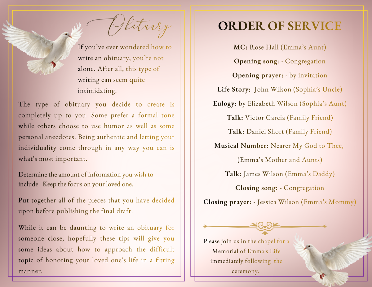 Obituary and Order of Service pages featuring soft blush backgrounds, gold accents, and dove illustrations with structured sections for sharing a child’s life story and service details.