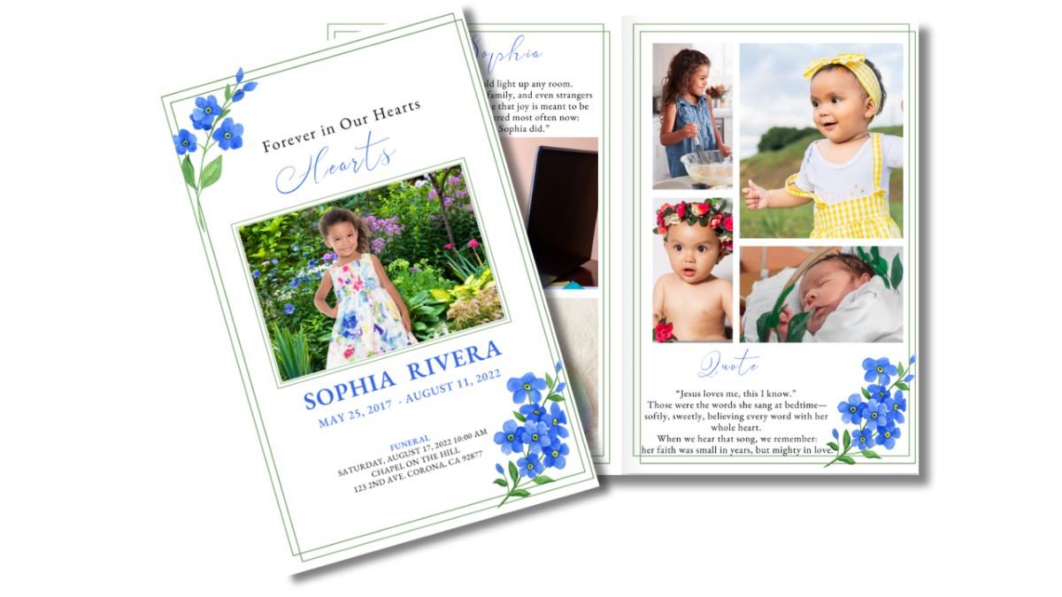 Blue Flowers Child Funeral Program front cover and open photo collage pages featuring soft watercolor blue flowers and “Celebrating the Life of” title with child’s photo framed in white and green border.