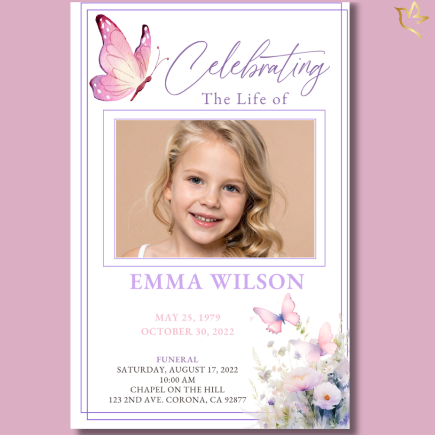 Loving Embrace child funeral program cover featuring soft pink butterflies and watercolor wildflowers framing a portrait with gentle lavender borders and delicate memorial typography.