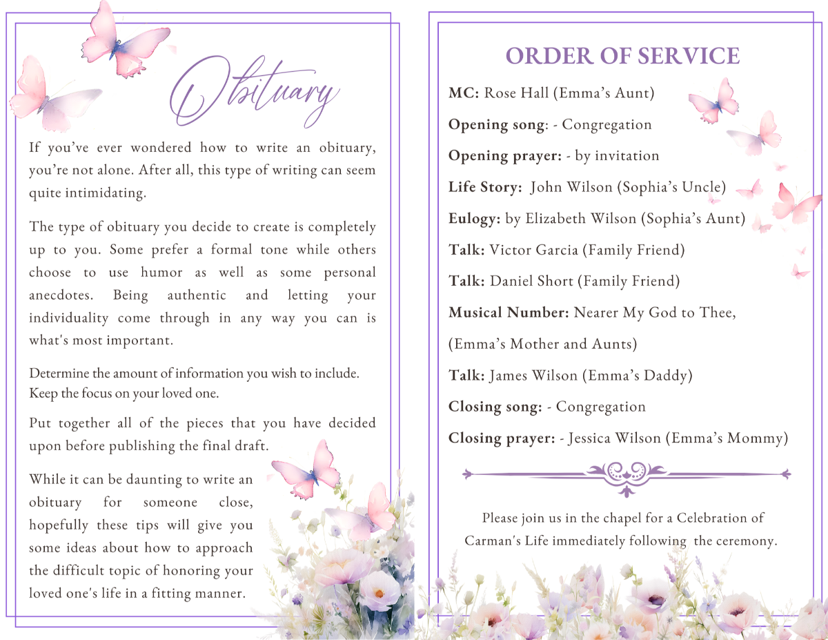 Obituary and Order of Service pages featuring pastel butterfly illustrations and delicate floral accents framing the memorial program text.