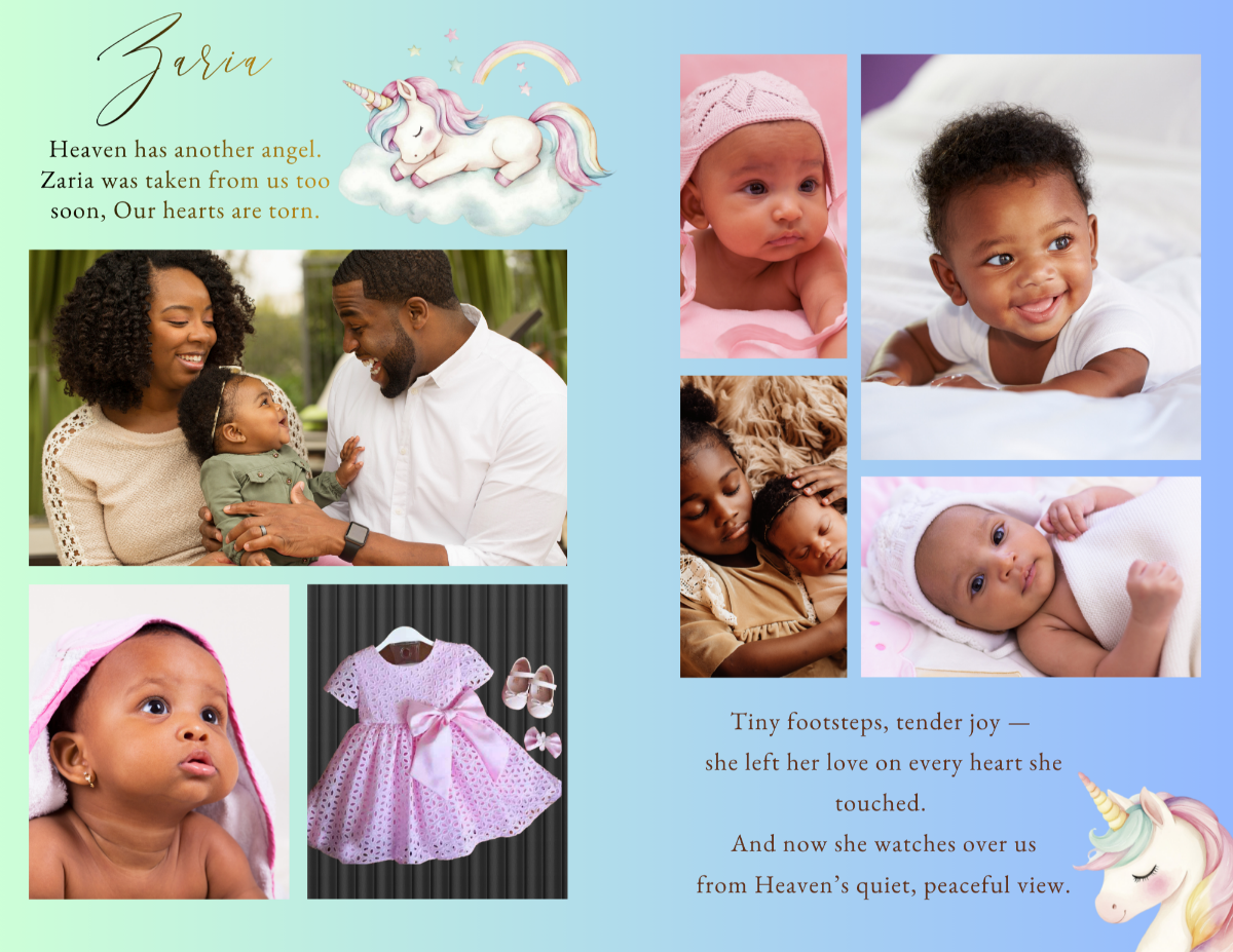 Photo collage pages displaying multiple child images in a clean, organized layout with soft pastel tones.