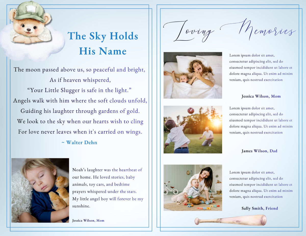 Pages featuring a heartfelt poem and loving family tributes, designed to reflect childhood joy, innocence, and the enduring love shared with a precious little boy.