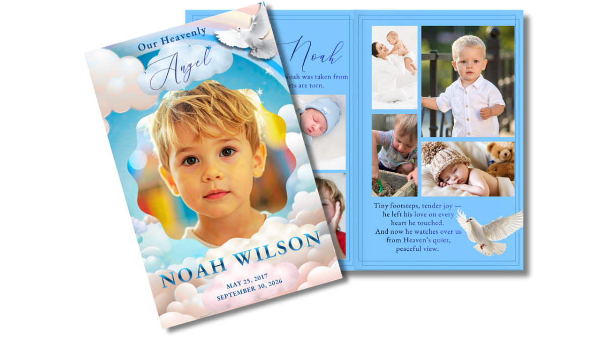 Front cover featuring a child framed in soft clouds and light, paired with an open interior layout showing coordinated pages for photos, memories, and tributes.