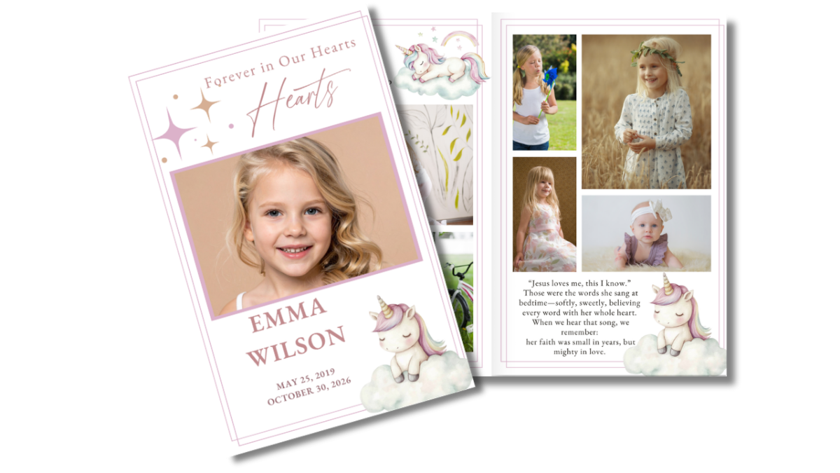 Interior pages featuring obituary and order of service layouts with soft pastel colors, star accents, and gentle unicorn illustrations for a child memorial program.