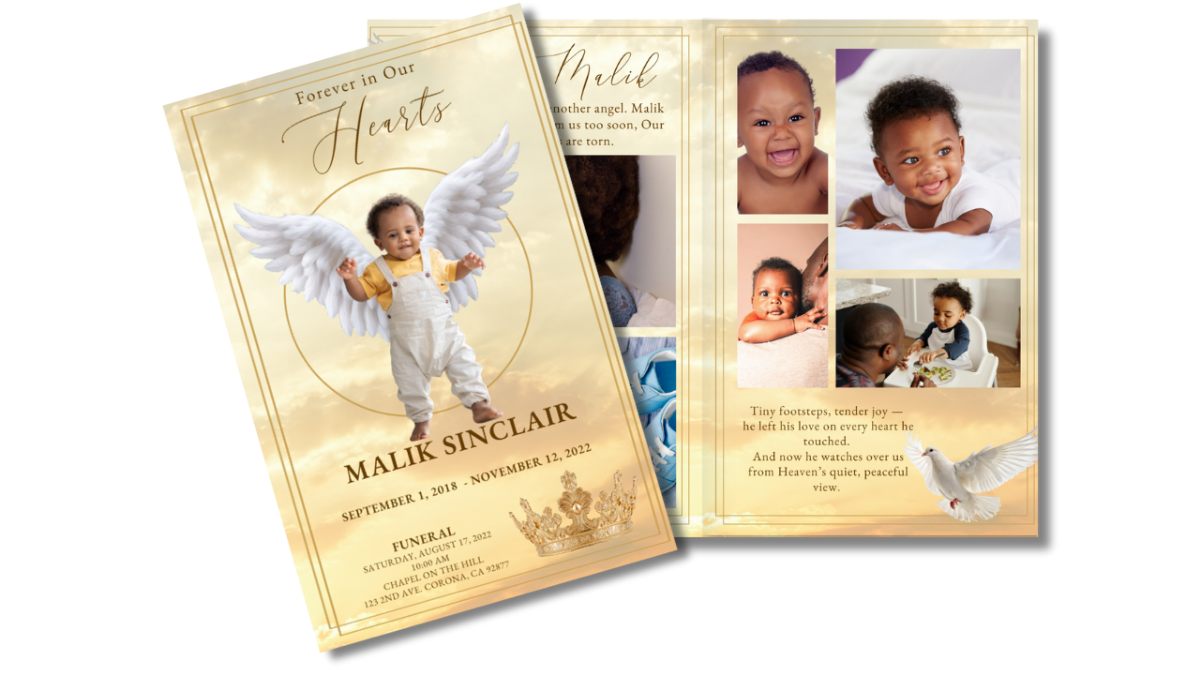 Front cover and interior pages featuring golden castle artwork, memorial poem, a main image of child with wings, and coordinated gold accents with matching borders.