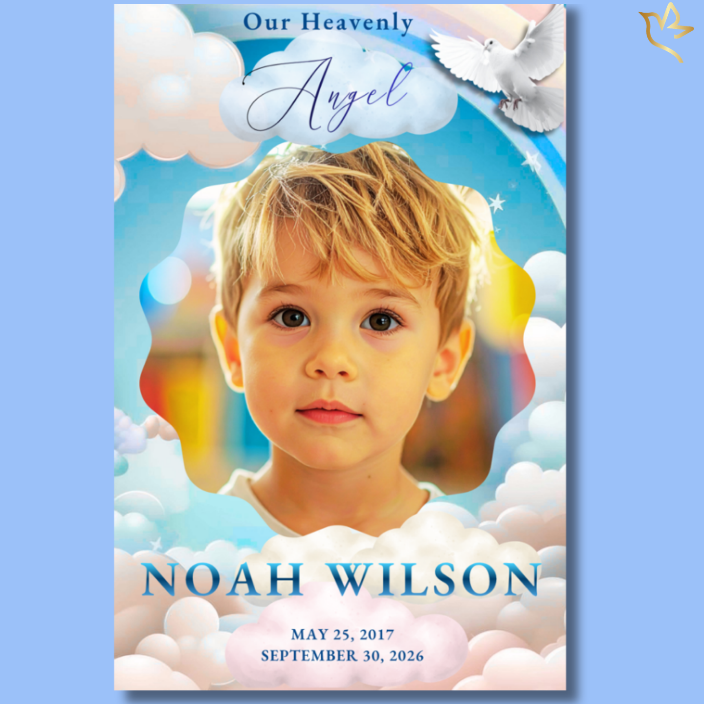 A young child with soft features and bright eyes, framed by glowing clouds, a gentle rainbow, and a white dove in flight—creating a peaceful, heavenly design filled with light, innocence, and love.