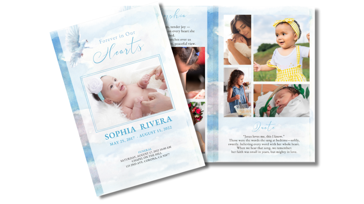 Front cover and two-page interior photo collage pages with watercolor sky background and gentle dove artwork.