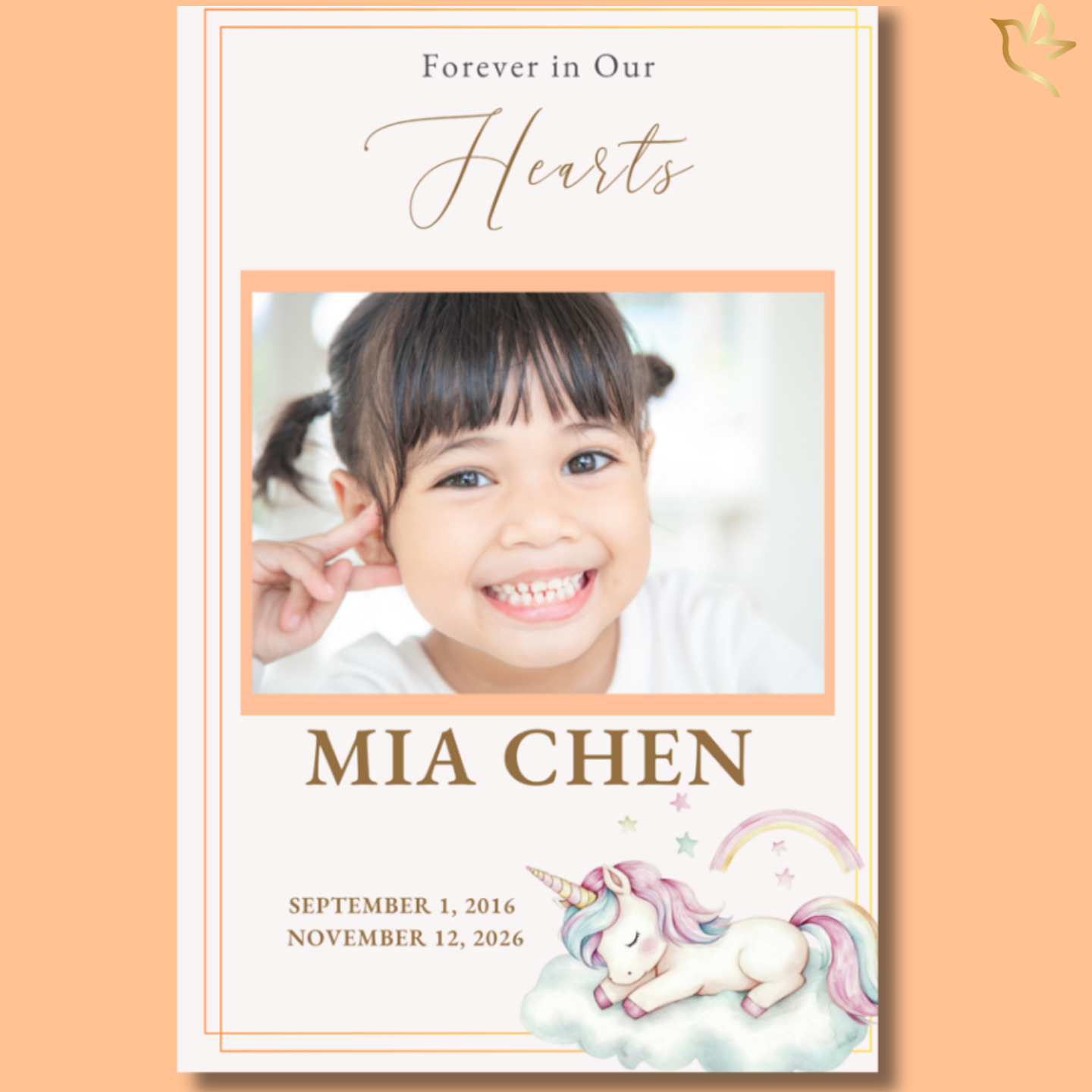 Child funeral program cover featuring a soft pastel unicorn illustration, rainbow accents, warm neutral background, and elegant typography with a gentle, comforting layout for a young child memorial.