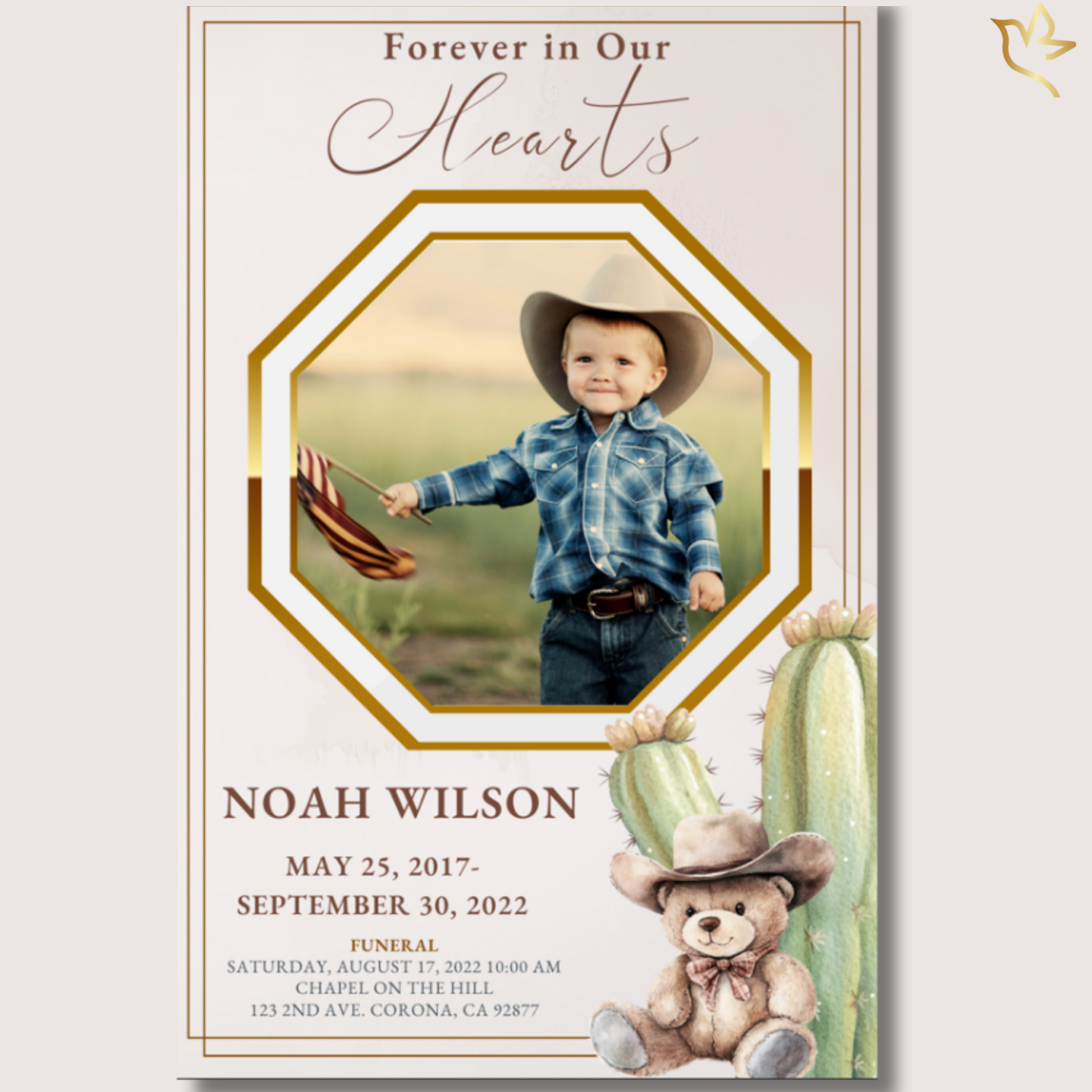 Western-inspired child memorial program cover featuring a young cowboy portrait framed in gold, with desert cacti and a teddy bear in a cowboy hat set against a soft neutral background with warm earth tones.