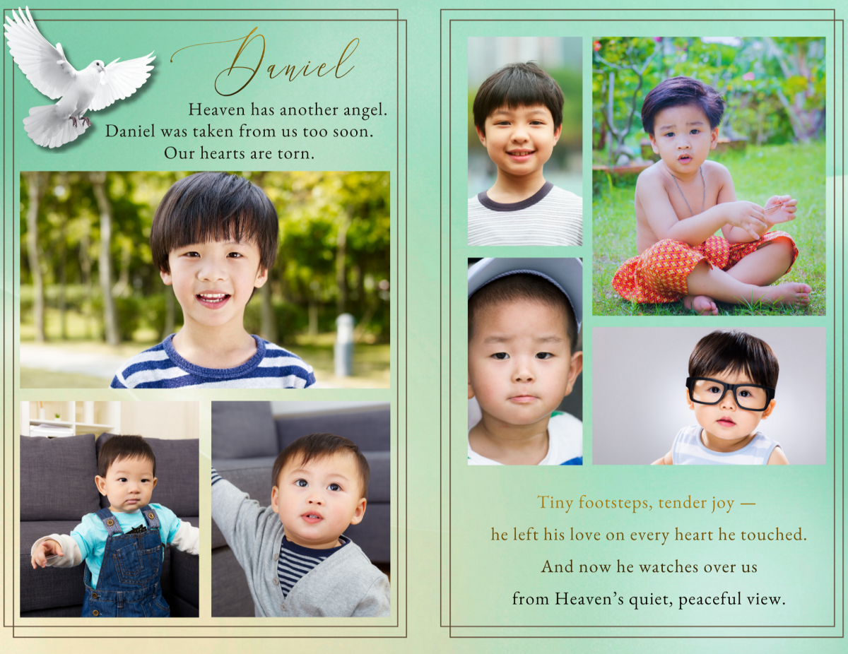 Photo collage pages capturing moments from infancy through childhood, arranged in a soft, cohesive layout that honors the beauty, innocence, and lasting impact of their life.