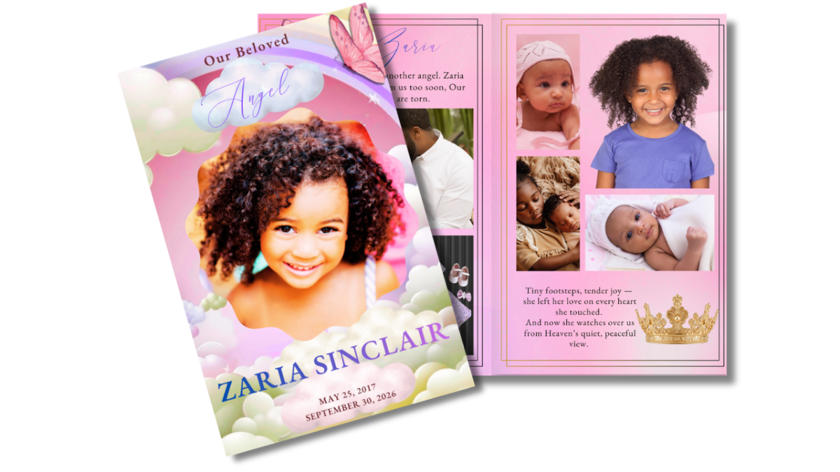 Front cover featuring a smiling child surrounded by soft clouds and a rainbow, paired with an open interior layout showing coordinated pages for memories, photos, and tributes.