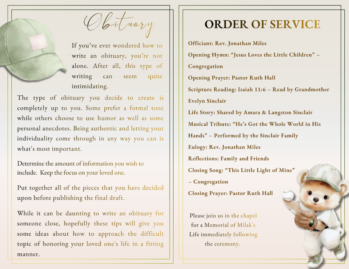 Interior pages displaying obituary text and order of service, styled with soft tones and clean formatting for a gentle and respectful presentation.