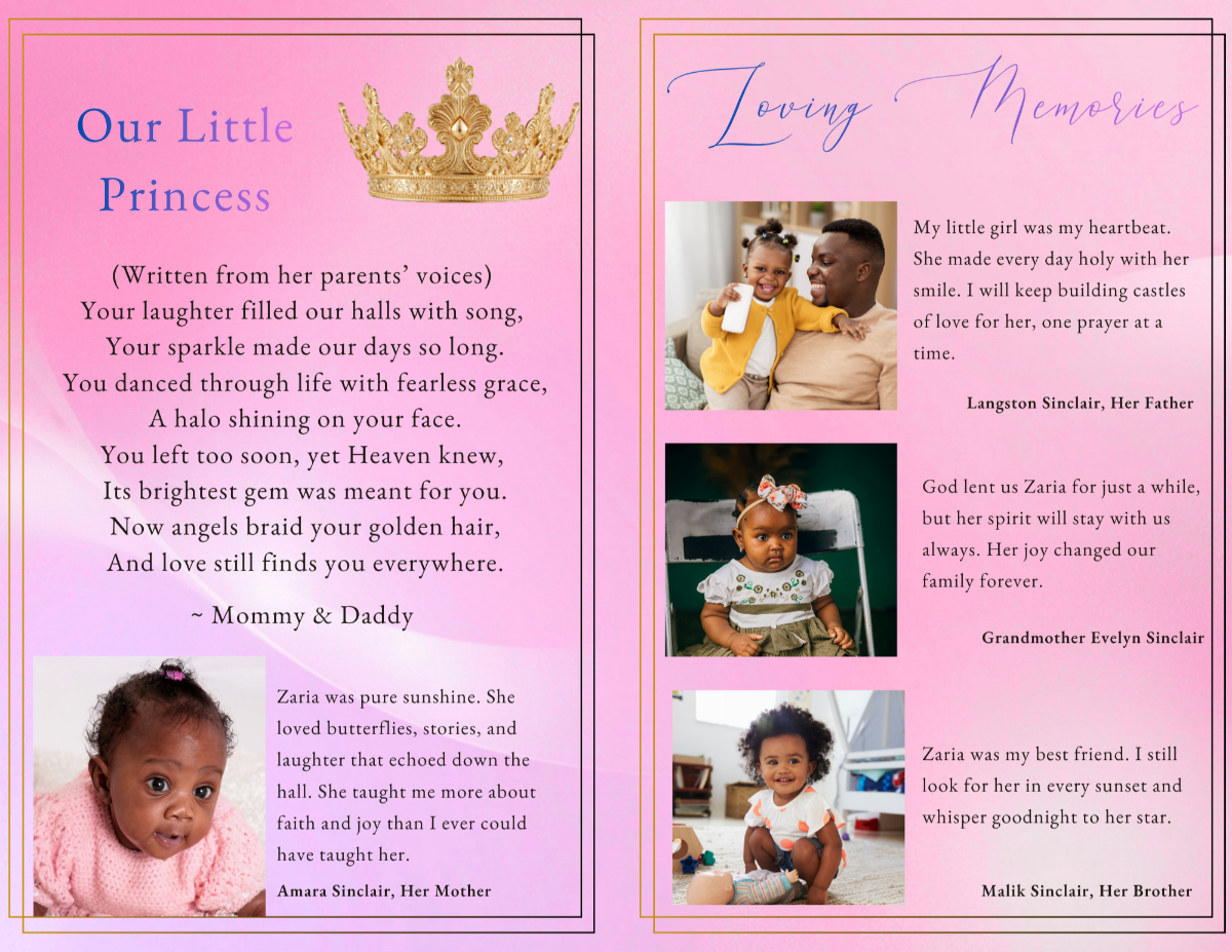 Pages featuring a heartfelt poem and loving memory tributes alongside soft imagery, designed to reflect the child’s gentle spirit and the love she brought to those around her.